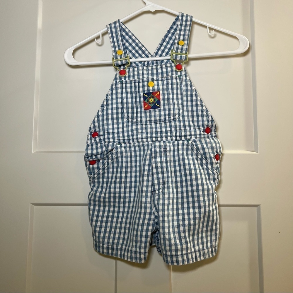 Gymboree Vintage 2T-3T Small 1970 Sports Blue/White Check Shortalls Baseball